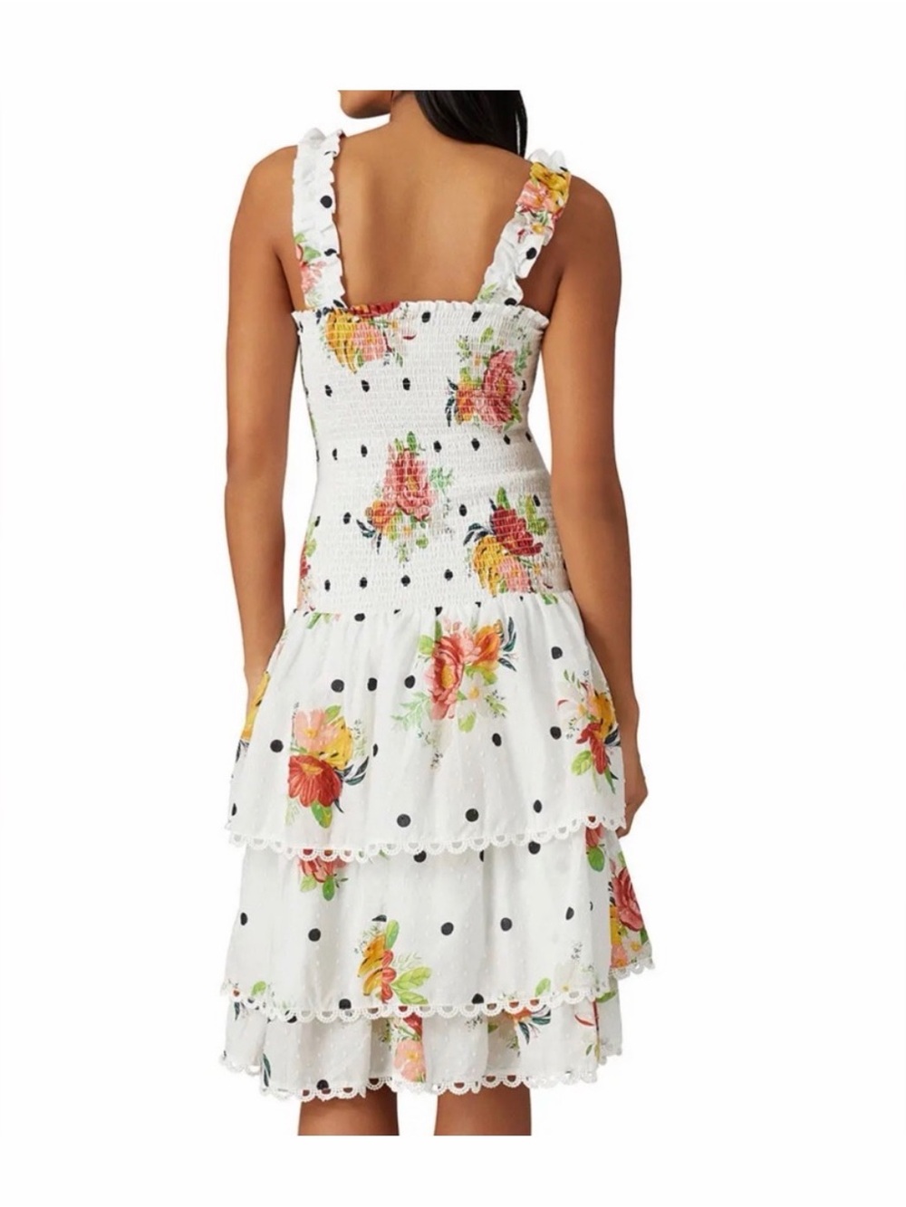 FARM Rio Nanaju Dress Floral Polka Sleeveless Smocked Tiered Midi White Medium - Picture 6 of 7